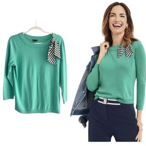 Talbots Mint Green Sweater Size Medium 3/4 Sleeve Silk Striped Bow Accent